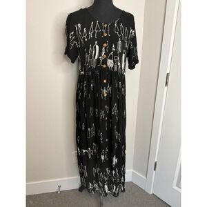 Jasmine by KVM Black Artsy Stick Figure People Print Button Front Maxi Dress S